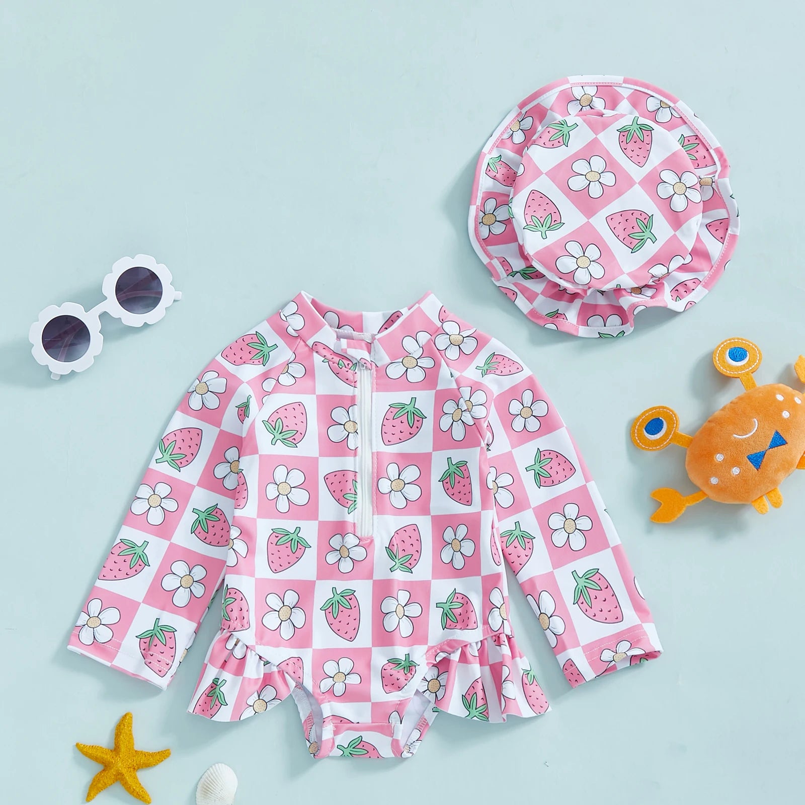 Summer Baby Girls Beacwear Princess Toddler Infant Rash Guard Swimsuits with Hat Floral Print Zip Up Children Girls Swimwears