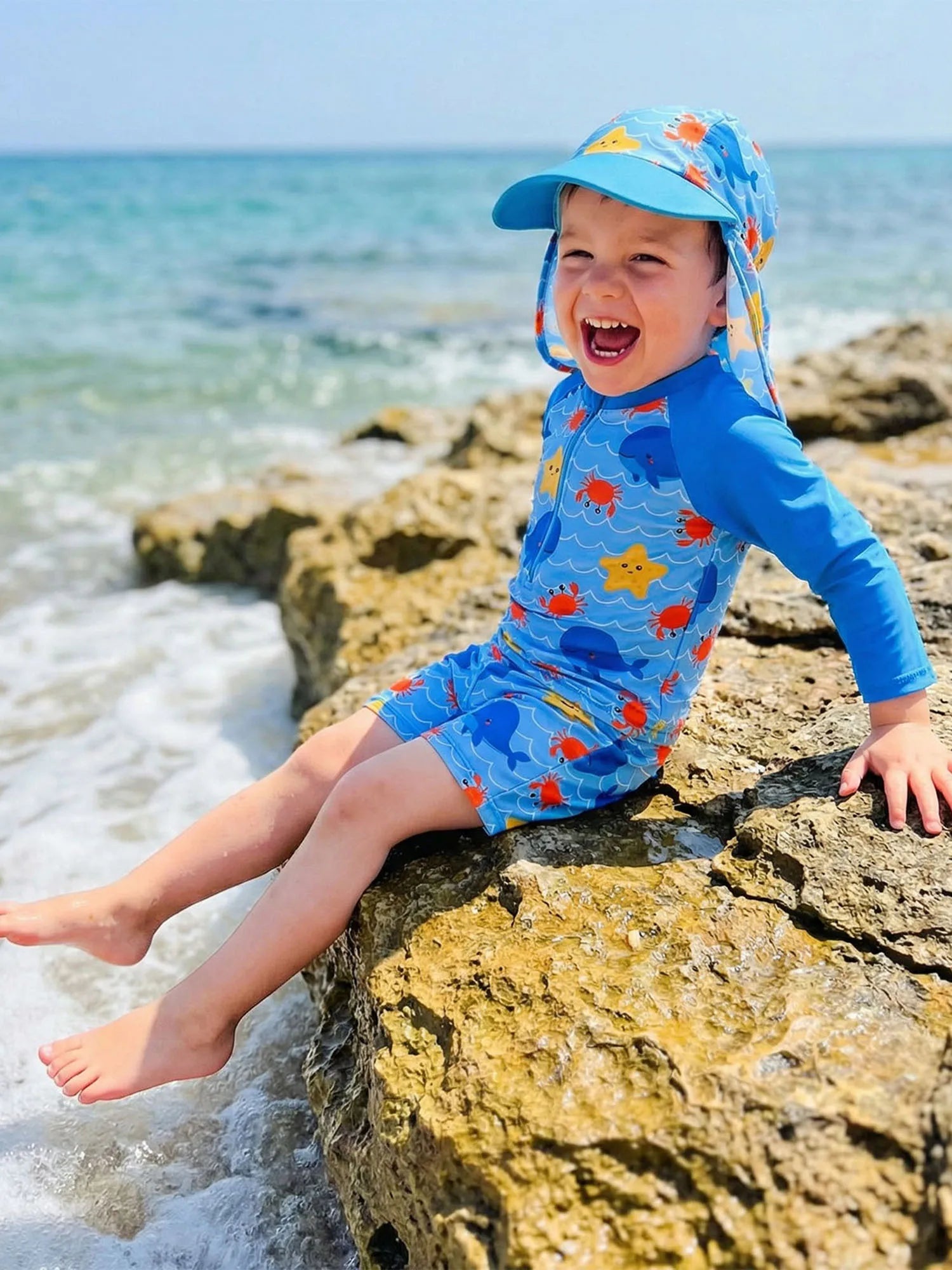 3Pcs Toddler Boy Swimsuit Set Long Sleeve Crew Neck Marine Animal Print Tops Swim Trunks and Hat Rash Guard Bathing Suit