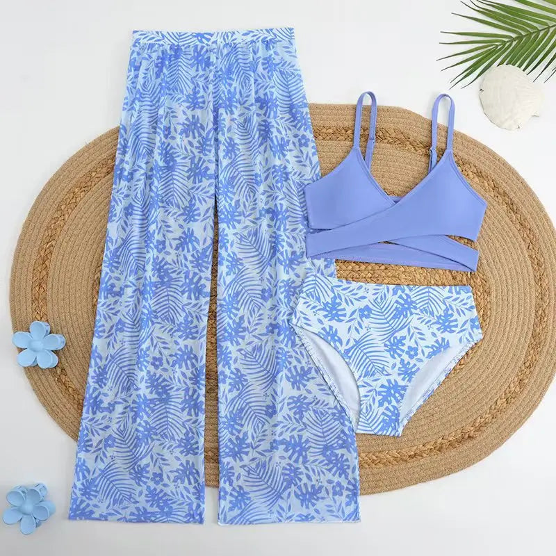 3 Pieces High Waist Bikini 2026 Girls Swimsuit & Beach Pant Swimwear Children Bathers Bathing Swimming Swim Suit Beachwear 8-12Y