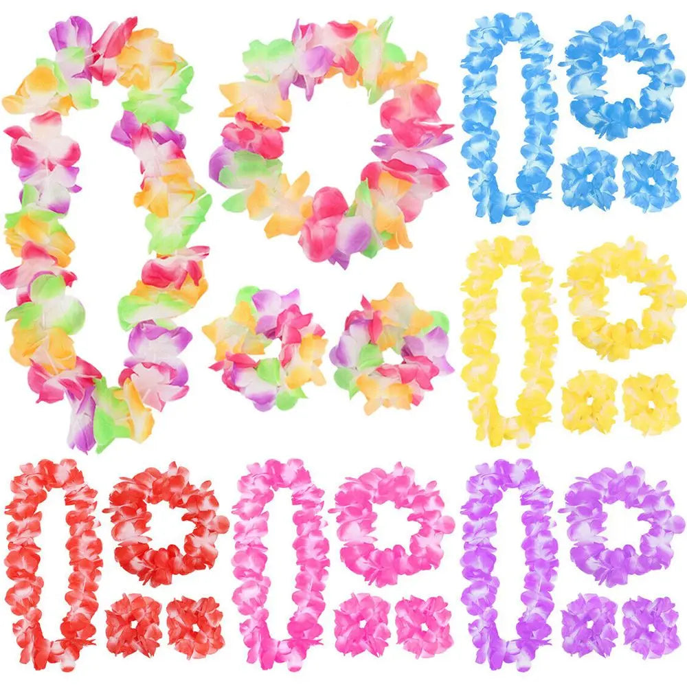 4pcs/set Hawaiian Flower Lei Hula Necklace Garland Headband Wristbands Wedding Decorations Beach Tropical Party Supplies