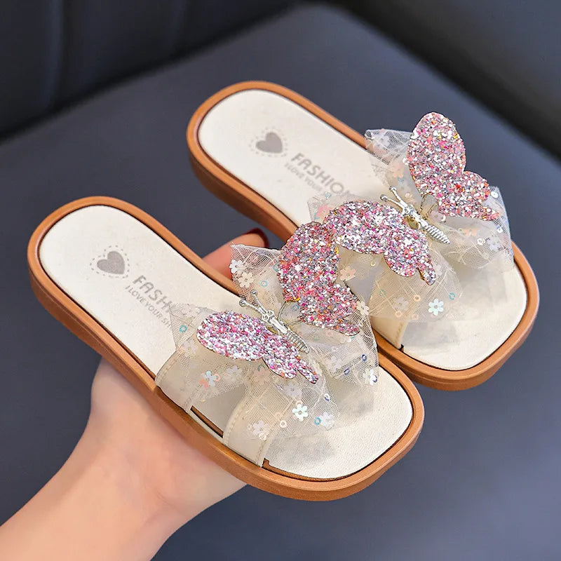 2026 Children's Summer Butterfly Knot Beach Sandals Plastic Slip-On Home Slippers Anti-Slip Beachwear Girls Flip Flops