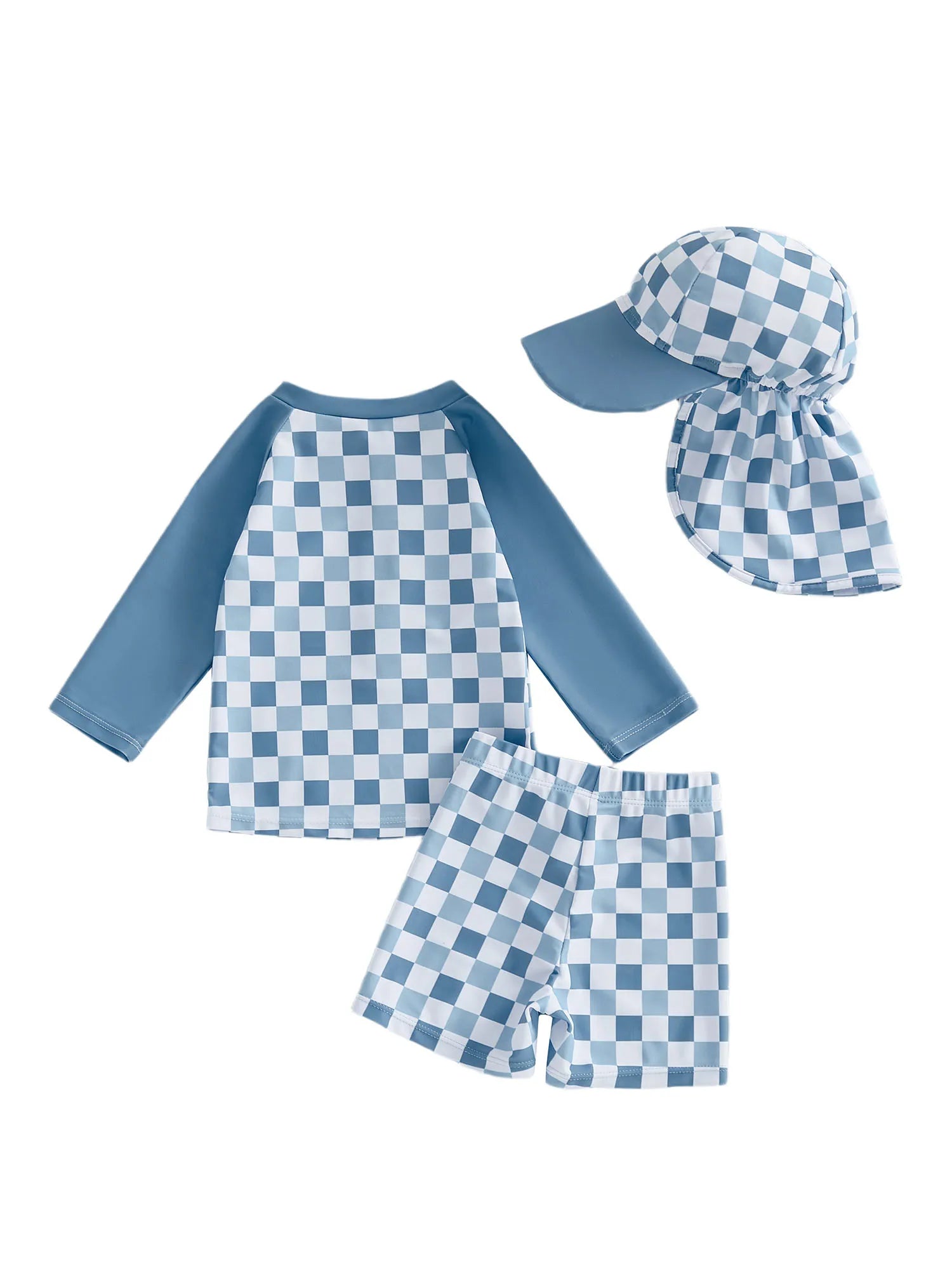 1-4T Toddler Boy Swimsuit Set Checkered Long Sleeve Rash Guard Swim Tops Swim Shorts and Sun Hat 3 Piece Outfit