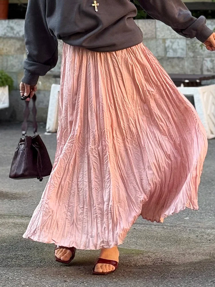 Streamgirl Women Summer Skirts Long Pleated A Line Elegant Solid Big Swing Maxi Skirt Ladies Blue White Beach Skirt Women Luxury