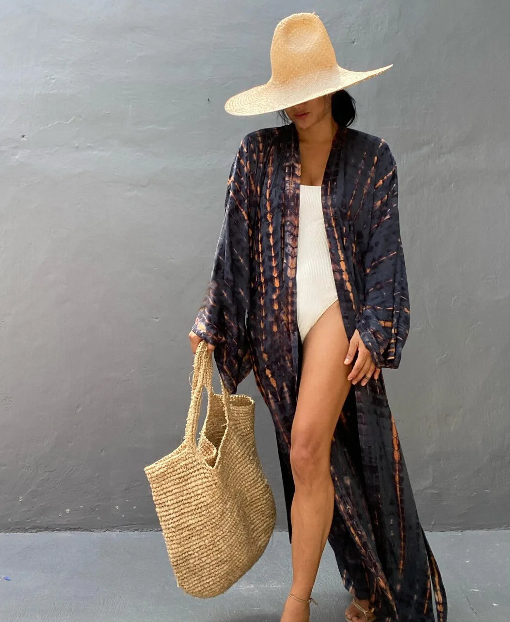 Women's Boho Stripe Tie Dye Swimsuit Cover Up with Belt Tunic Sarong Cardigan Dress Bikini Cover-ups Beach Wear Kimono