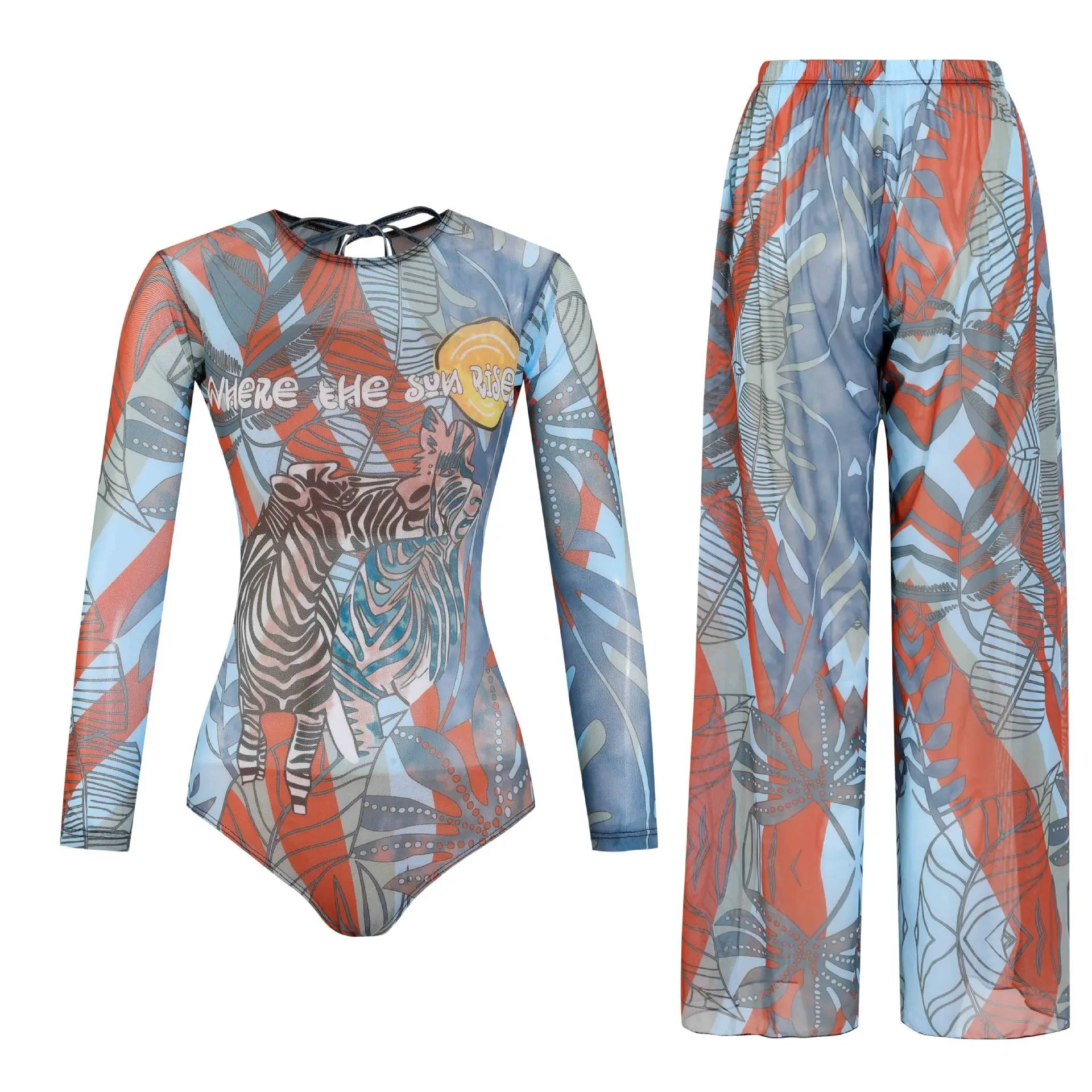 Women's Long Sleeve Swimwear Sunscreen One Piece Swimsuit High Elastic Thickened Mesh Loose Pants SPF35+ New Fitness Beachwear