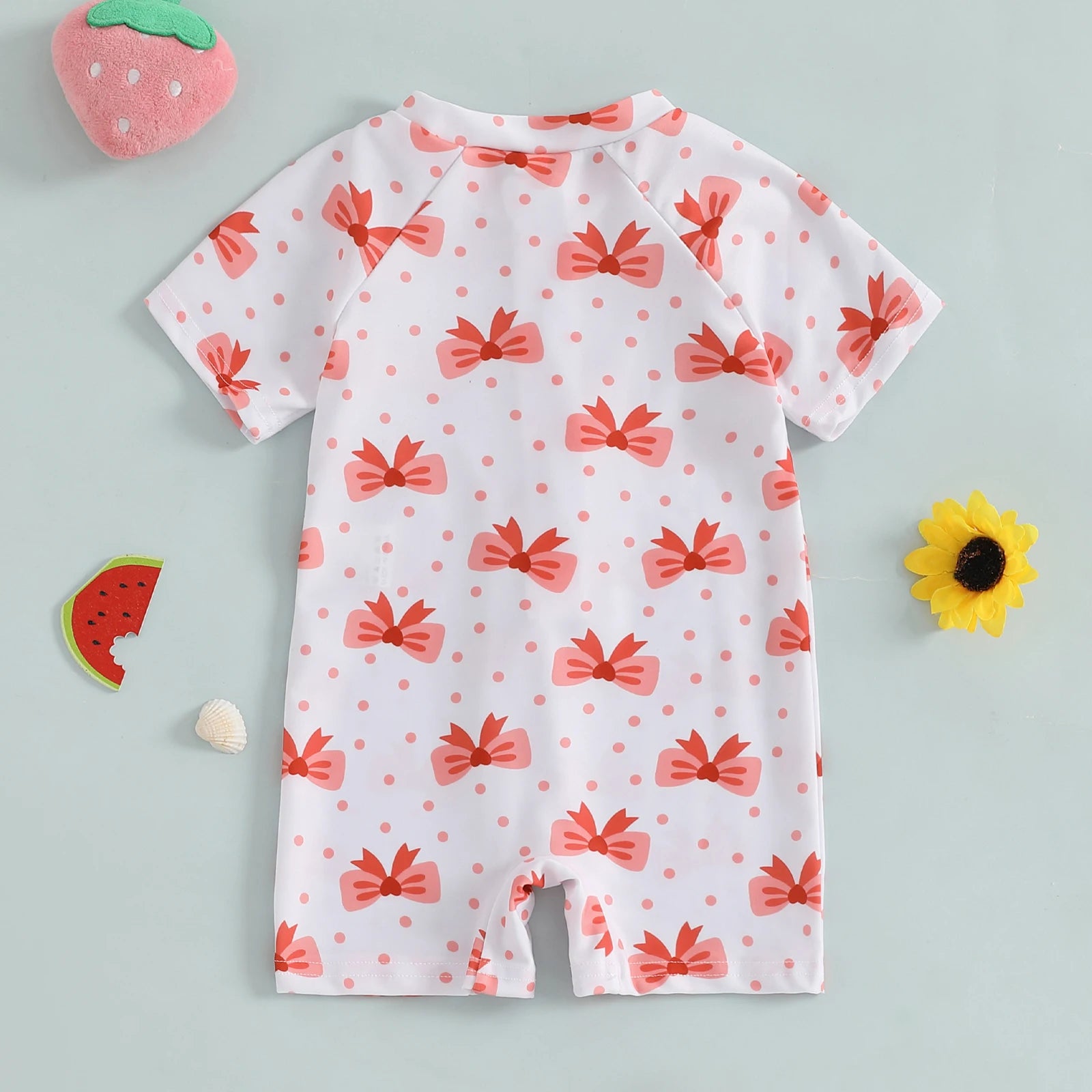 Summer Toddler Baby Girl Short Sleeve Swimwear Bathing Suit Infant Rash Guard Swimsuit Kids Cherry/Bow Print Zipper Beachwear