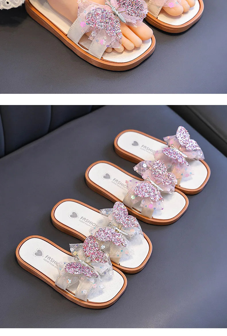2026 Children's Summer Butterfly Knot Beach Sandals Plastic Slip-On Home Slippers Anti-Slip Beachwear Girls Flip Flops