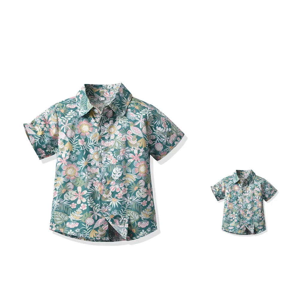 Boy Hawaiian Flower Shirt  Lapel Short Sleeve Father Kid Shredded Casual Cardigan Parent Child Clothe Button Summer Beach Blouse