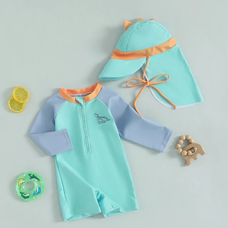 0-3T Newborn Toddler Boys Rash Guard Swimsuit Contrast Color Dinosaur Print Long Sleeve Mock Neck Zip Bathing Suit with Hat