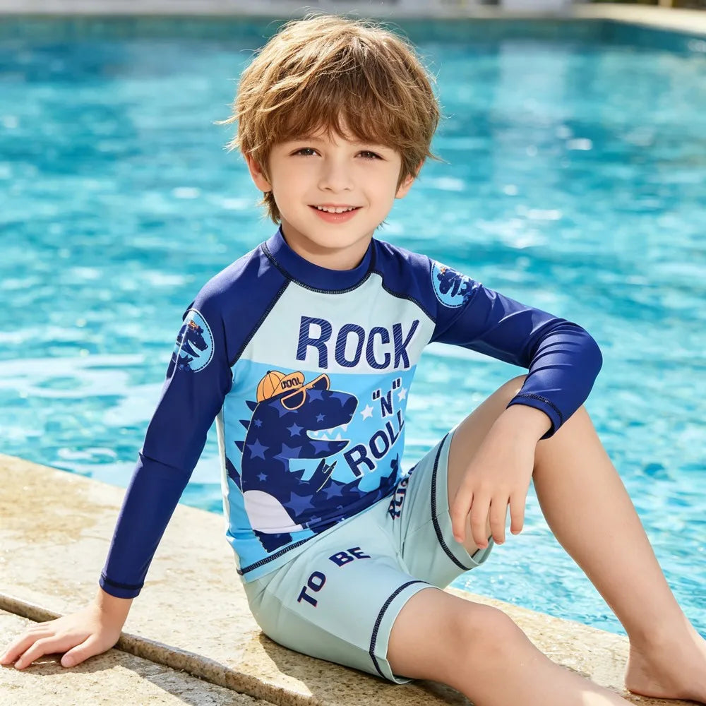 Children Surfing Suit Boys 2 to 3 4 5 6 7 8 9 10 11 Years Kids Swimming Suits Girls Spf 50+ Long Sleeves Stripe Swim Tops+Trunks
