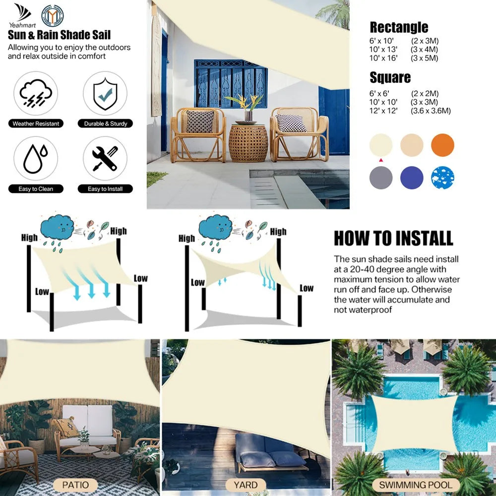 160GSM Waterproof Awning Sunshade Sun Shade Sail For Outdoor Garden Beach Camping Patio Pool Sun Canopy Tent Sun Shelter