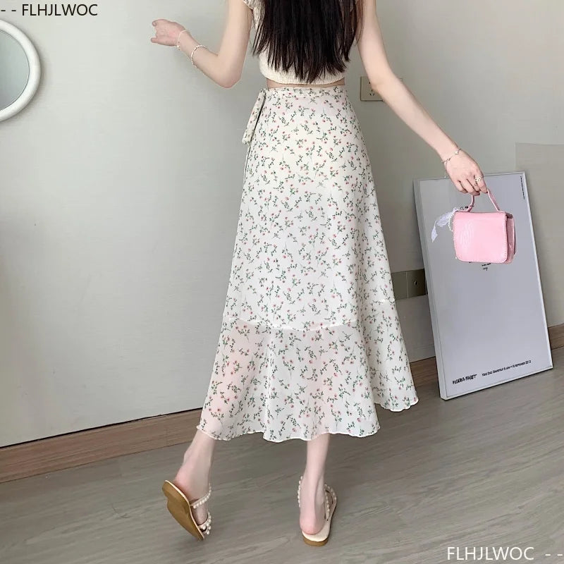 Wrap Up Chic Korea Clothes Women Cute Girls Floral Robe Holiday Beach Date High Waist Retro Vintage One-Piece Lace-Up Skirts