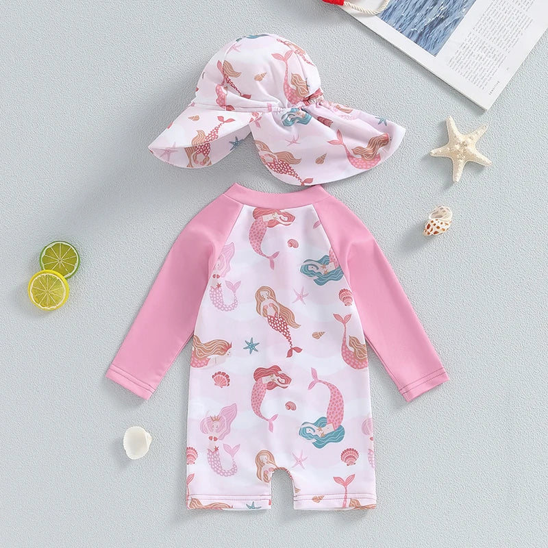 VISgogo Baby Girls Bathing Suit Sea Shell Print Long Sleeve Rash Guard Swimsuit Wide Brim Sun Hat Infant Toddler Beachwear