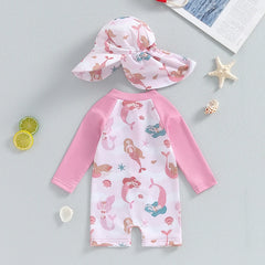 VISgogo Baby Girls Bathing Suit Sea Shell Print Long Sleeve Rash Guard Swimsuit Wide Brim Sun Hat Infant Toddler Beachwear