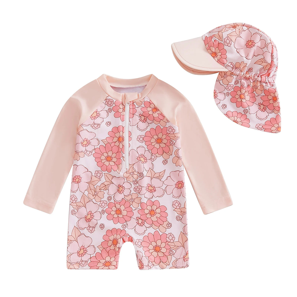 Tregren Toddler Girl Long Sleeve Swimsuit Floral/Flamingo Print Half Zipper Rash Guard Swimwear with Sun Hat Infant Beachwear