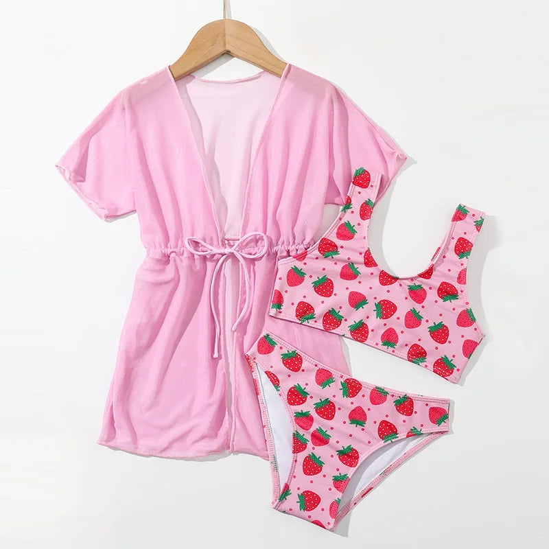 Girls Swimsuit 3 Pieces Swimwear for Kids Summer 2026 Children Bathsuits Beach Cover-Ups Bikini Sets Teenager Clothing