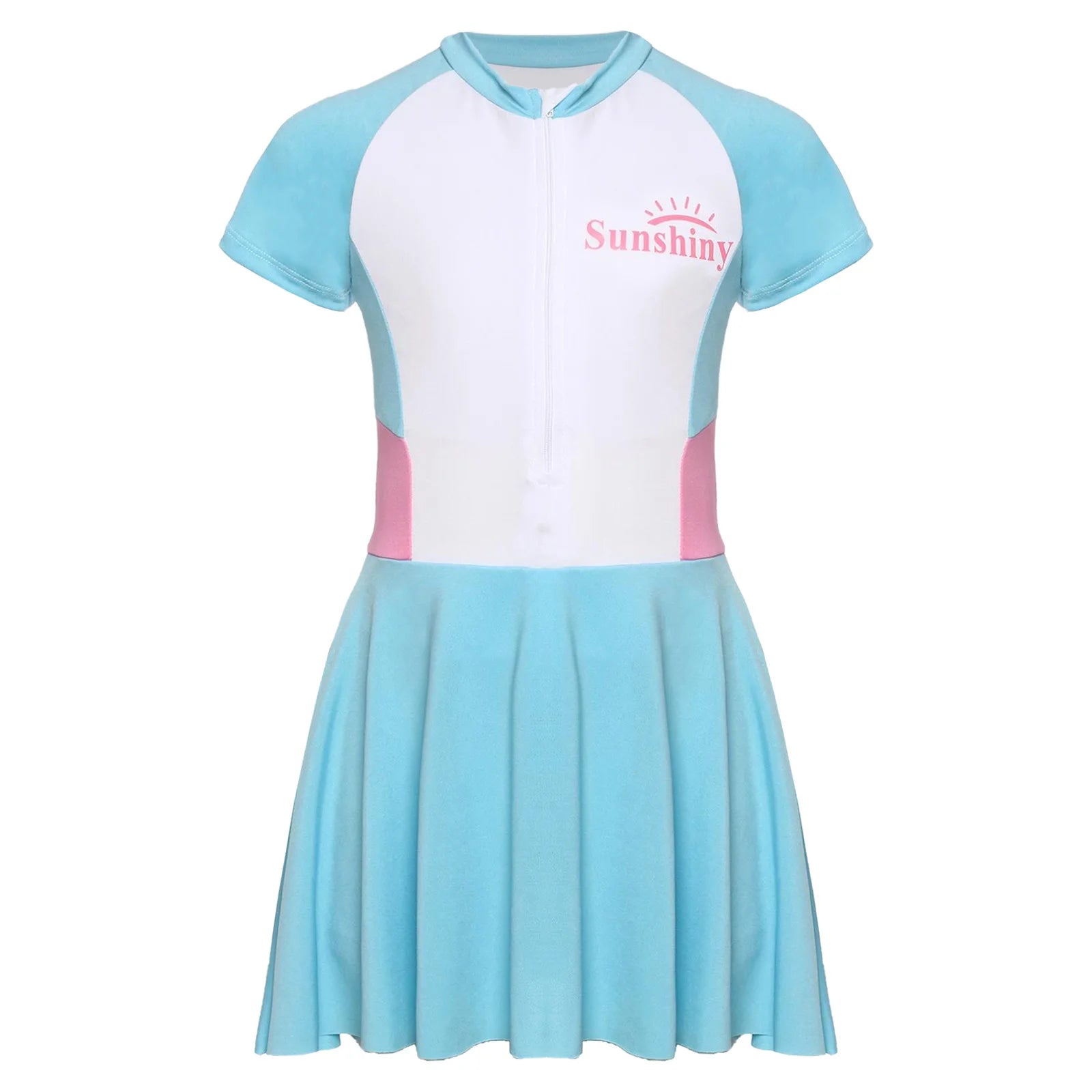 Fashion Girls One Piece Swim Dress Short Sleeve Color Block Swimsuit with Chest Pads Front Zipper And Safety Shorts Beachwear