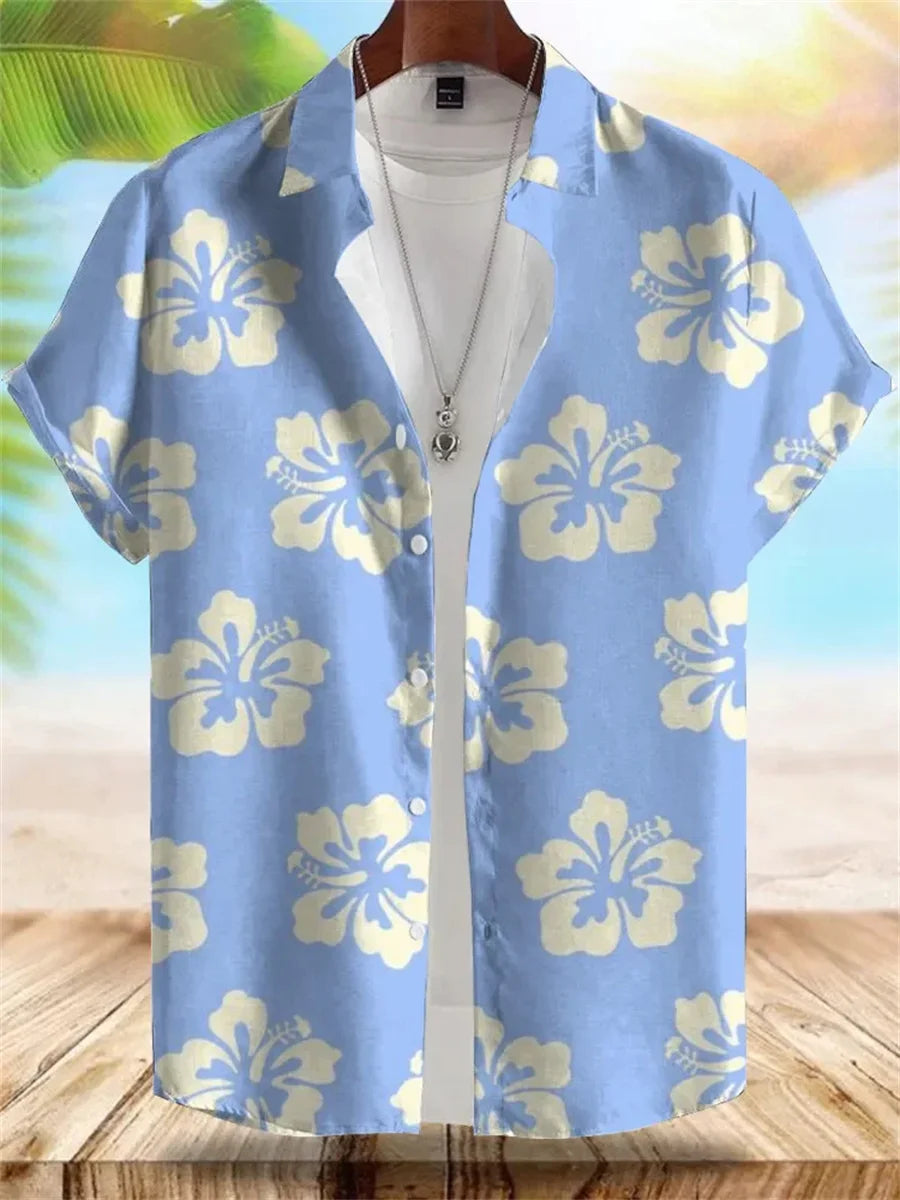 2026 Summer New Men's Tropical Floral Print Short-Sleeve Shirt, Casual Loose Fit, Vacation Style, Beachwear, Hawaiian Shirt