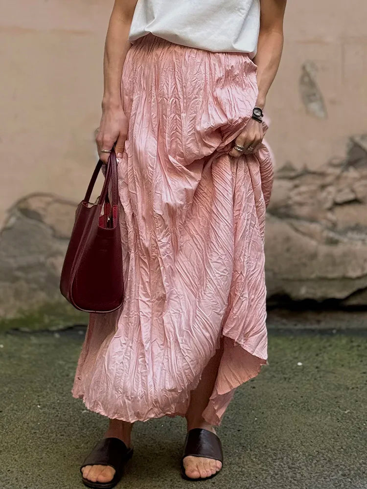 Streamgirl Women Summer Skirts Long Pleated A Line Elegant Solid Big Swing Maxi Skirt Ladies Blue White Beach Skirt Women Luxury