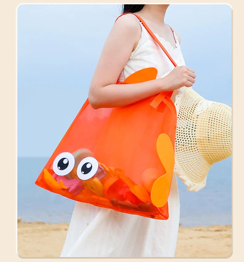 Cartoon Kids Mesh Beach Bag Large Capacity Foldable Sand Toy Storage Tote Lightweight Swim Pool Bag for Gym Travel Camping