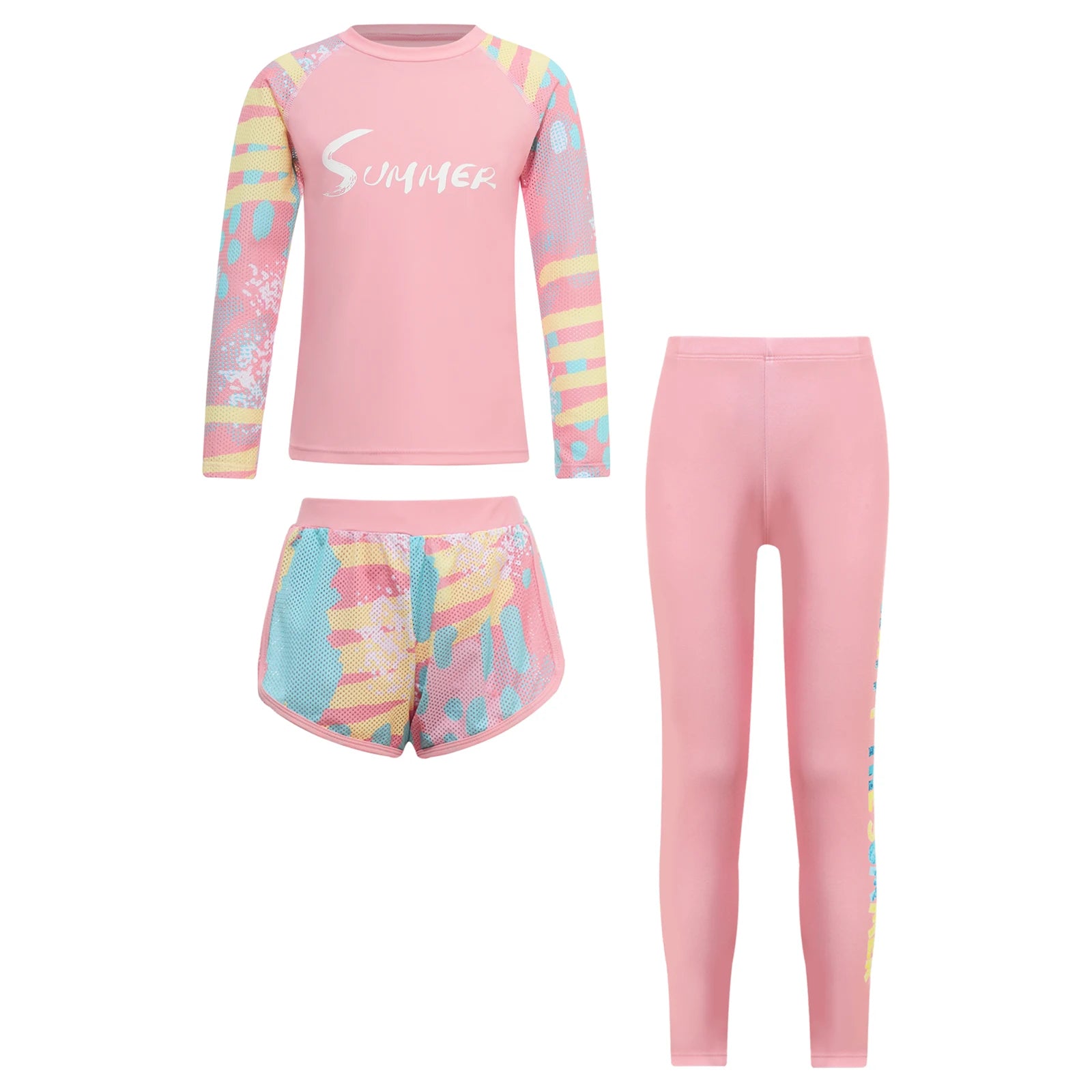Kids Girls Swimsuit Rash Guard 3Pcs Sunsuit Outfit Long Sleeve Floral Tops Shorts Legging Child Sun Protection Pool Swimwear Set