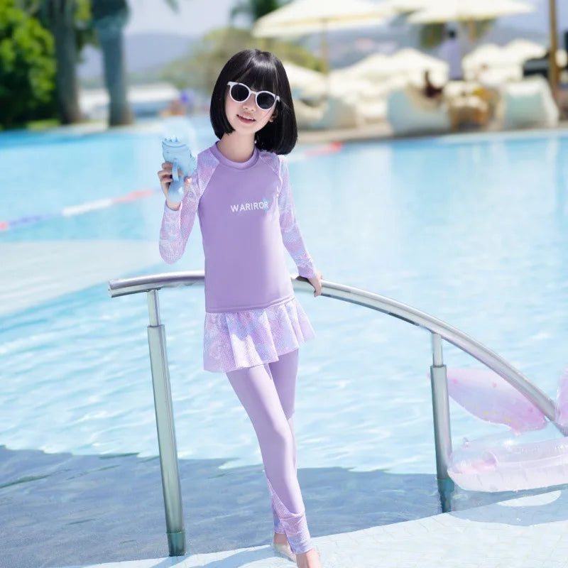 New Girls Fashion Swimsuit Sets Kids Long Sleeve Letter Top + Pants + Skirt 3Pcs for Kids 5-12 Years Split Swimming Clothes