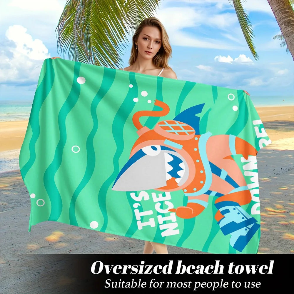 Cute Cartoon Shark Surfing Beach Towel Polyester Quick Dry Sand Free Swimming Bath Towel for Kid Boys Girls Summer Pool Vacation