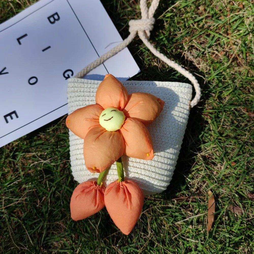 Flower Straw Baby Bags Handmade Summer Beach Women Girls Shoulder Bag Messenger Bag Kids Keys Coin Purse Princess Mini Handbag