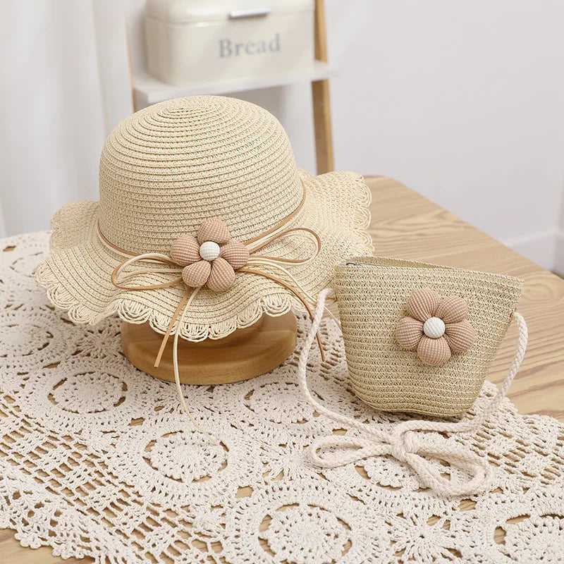 Kids Hat For Girls 2-7Y Straw Children's Sunshade Cap Bag Summer Baby Travel Sunscreen Beach Hat Sun Fisherman Cap Fashion Style