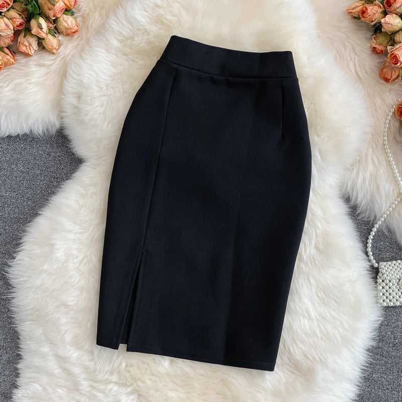High Waist Midi Skirt Women's OL Profional Slimming Side Slit Wrap A-Line One Step Skirt Autumn Korean Sle Commute