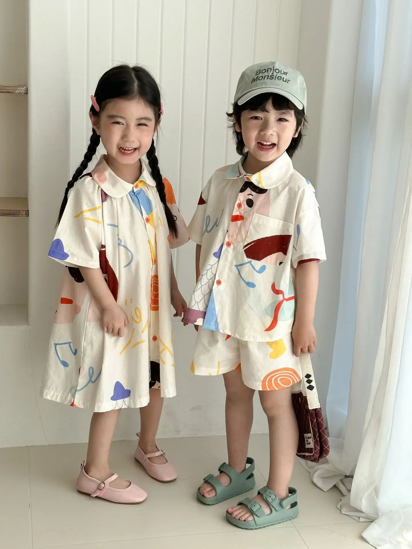 Kids Set Brother And Sister Clothes 2025 Summer New Boy's Two Piece Suit Or Short Sleeve Girl's Graffiti Dress Cartoon Clothes