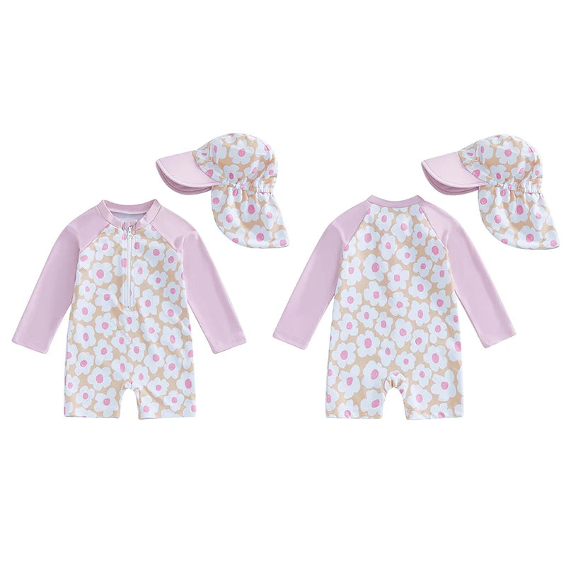 Tregren Toddler Girl Long Sleeve Swimsuit Floral/Flamingo Print Half Zipper Rash Guard Swimwear with Sun Hat Infant Beachwear