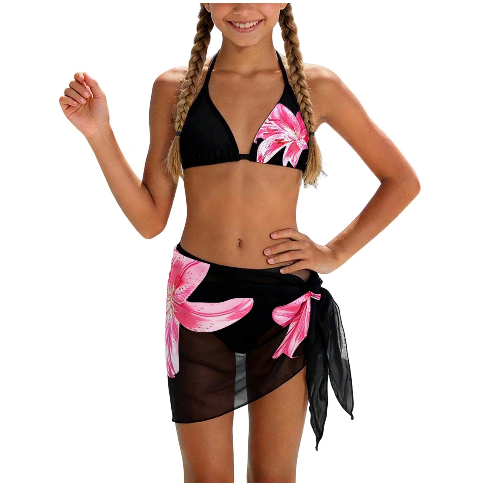 3 Piece Set Bikinis Sets Girls Cute Triangle Swimsuit With Beach Cover Up Bathing Suit Summer Fashion Printed Swimsuits For Girl