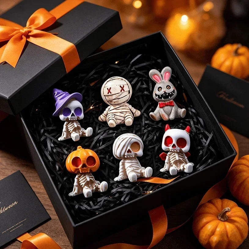 6Pcs Halloween Miniature Figurines Resin Skeleton Mummy Statues for DIY Micro Landscape Bonsai Car Desk Decor Party Gift