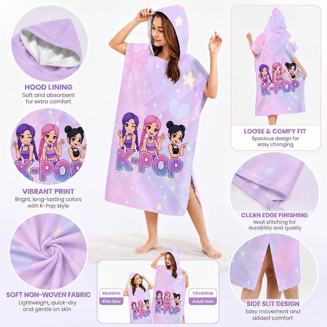 K-Pop Style Hooded Poncho Towel for Kids Adults Flat Print Purple Idol Cartoon Girls Bath Robe Beach Changing Towel Wrap