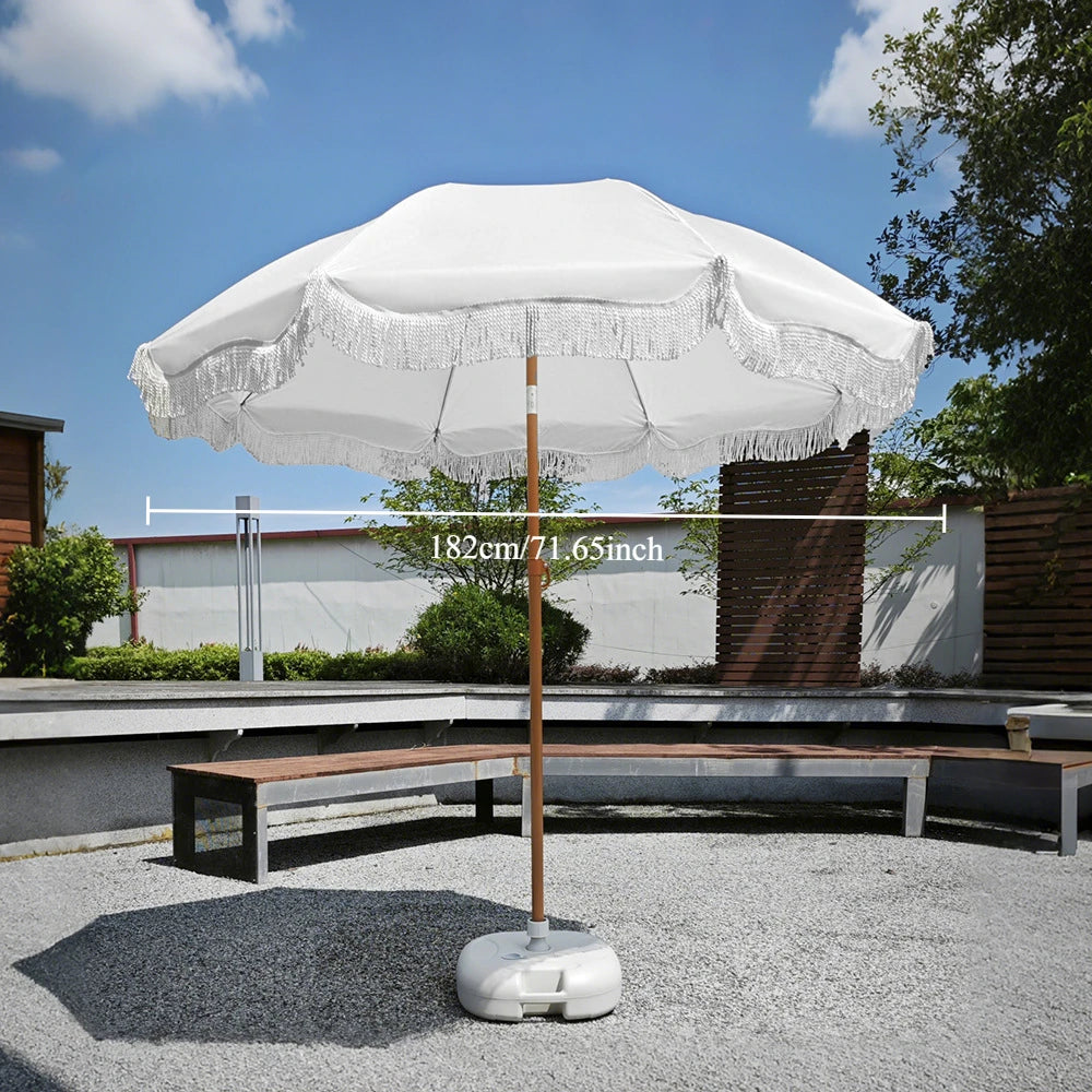 Portable White Umbrella with Tassel Design Reversible Outdoor Sunshade for Courtyard Beach Vacation without Base