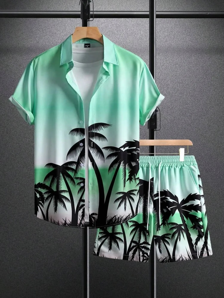 Men's Short-sleeved Shirt Set Blue Ocean Palm Tree Print Hawaiian Seaside Vacation Style Shirt Set