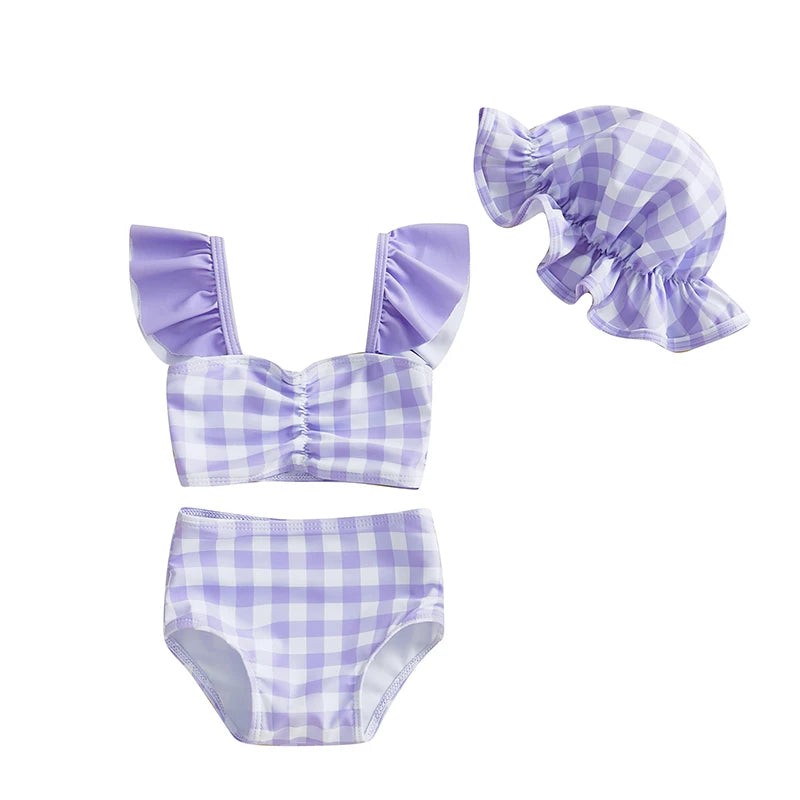 0-3T Toddler Girl Bikini Set Swimsuit Plaid Print Flutter Sleeves Tank Tops with Shorts and Hat Bathing Suit 3 Pcs Beachwear