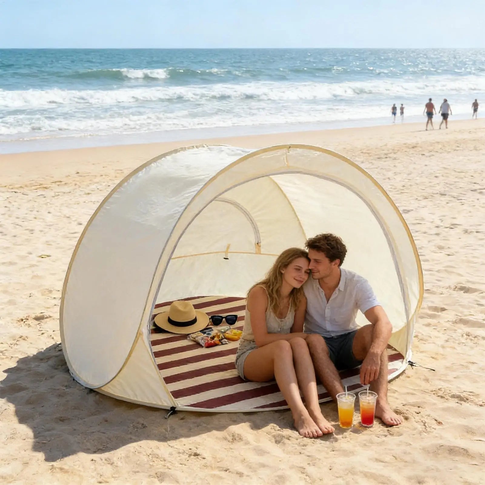 Beach Tent 3/4 Person Easy Pop Camping Canopy Beach Shelter with Ventilating Mesh Window for Outdoor Camping Picnic Garden