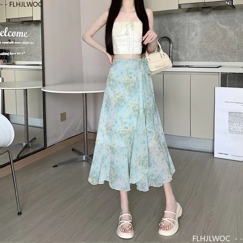 Wrap Up Chic Korea Clothes Women Cute Girls Floral Robe Holiday Beach Date High Waist Retro Vintage One-Piece Lace-Up Skirts