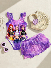 Kids Girls 2-Piece Anime Girl Print Ruffle One-Piece Swimsuit & Tiered Skirt Shorts Set Summer Beach Pool UPF 50+ Quick Dry Swim