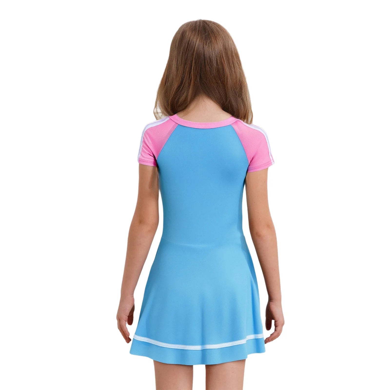 Fashion Girls One Piece Swim Dress Short Sleeve Color Block Swimsuit with Chest Pads Front Zipper And Safety Shorts Beachwear