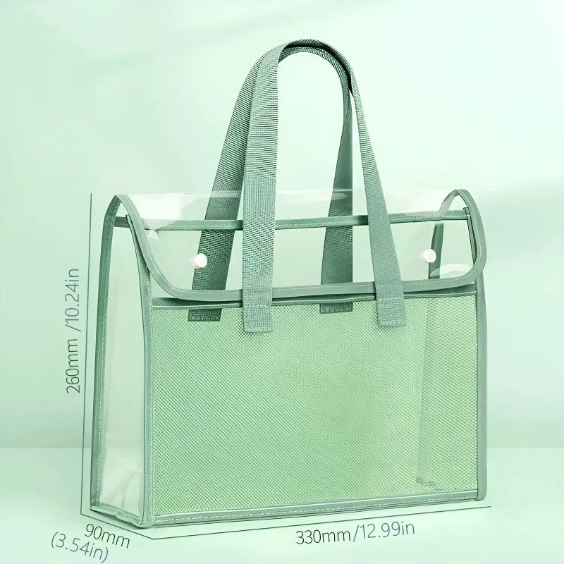 Clear Transparent PVC Tote Bag Large Capacity Waterproof Mesh Pocket Reinforced Handle for School Commute Beach
