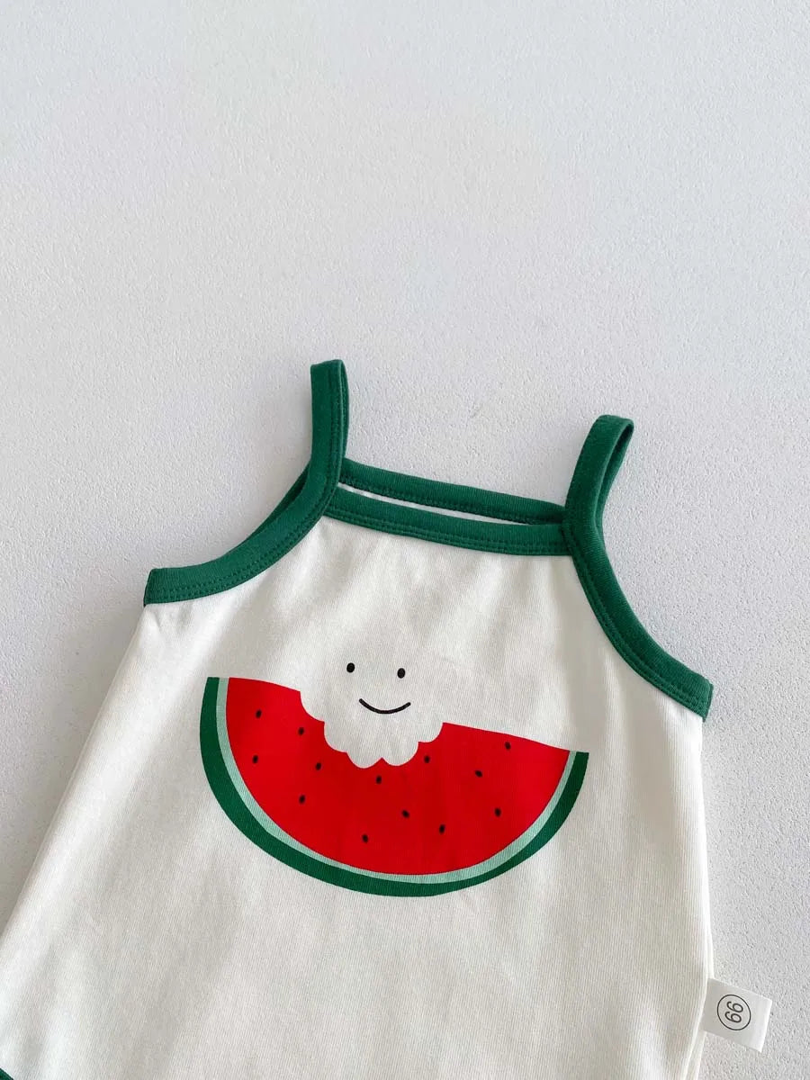 Summer baby cute watermelon style jumpsuit, male and female baby sling thin comfortable jumpsuit hat, suitable for going out