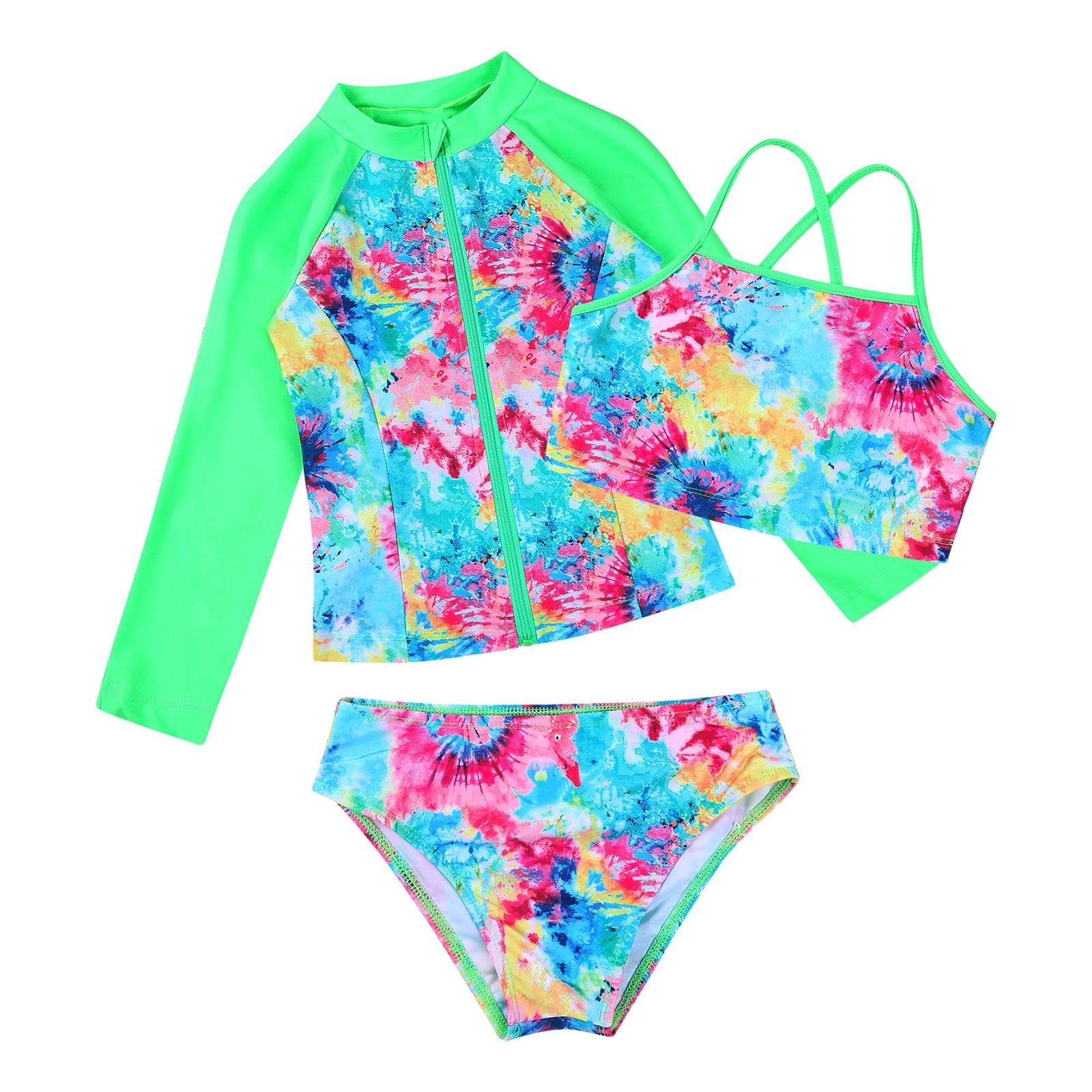 Kids Girls 4PCS Printed Swimsuit Long Sleeve Outerwear with Sleeveless Crop Top Briefs Shorts Bathing Suit Rash Guard Swimwear