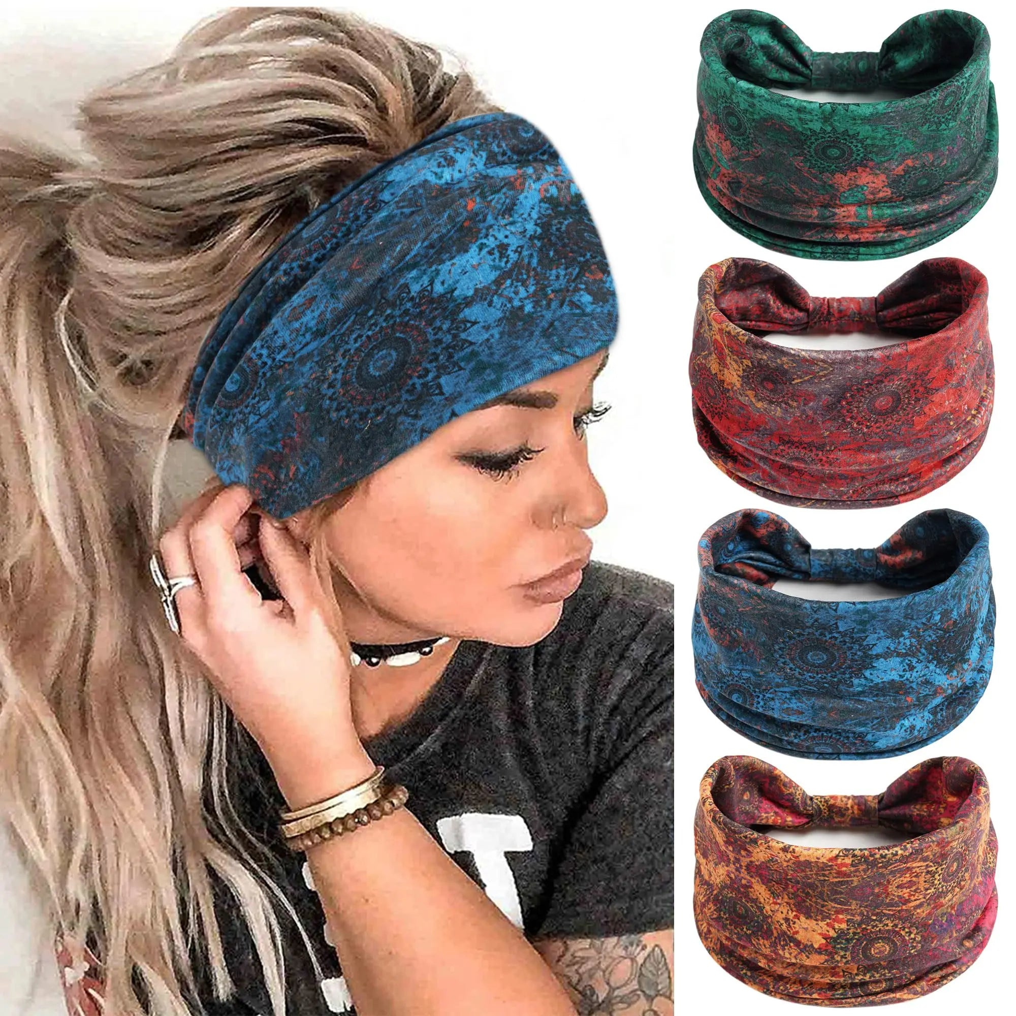 Boho African Headbands for Women Wide Cotton Turban Headwrap  Knot Elastic Hairbands Bandeau Sport Workout Yoga Hair Accessories