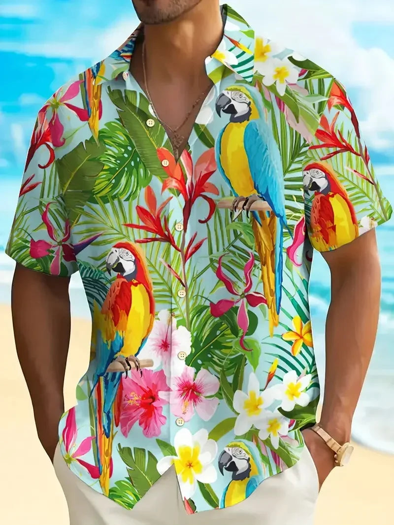 Men's Vibrant Parrot Tropical Floral Print Hawaii Shirts Casual Short Sleeve Button Up Beach Shirt for Men Summer Vacations