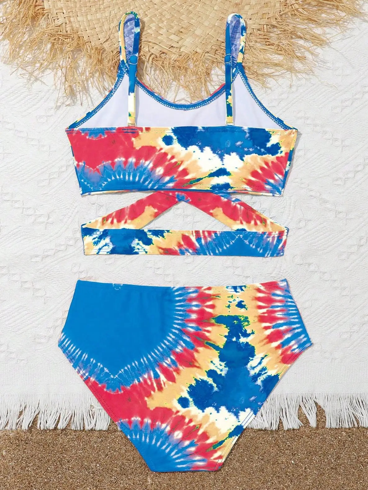 Girls Two Pieces Tie Dye Heart Print Bikini Kids Cross Wrap High Waist Swimsuit 7-12 Years Children's Bathing Suit Teens Pink