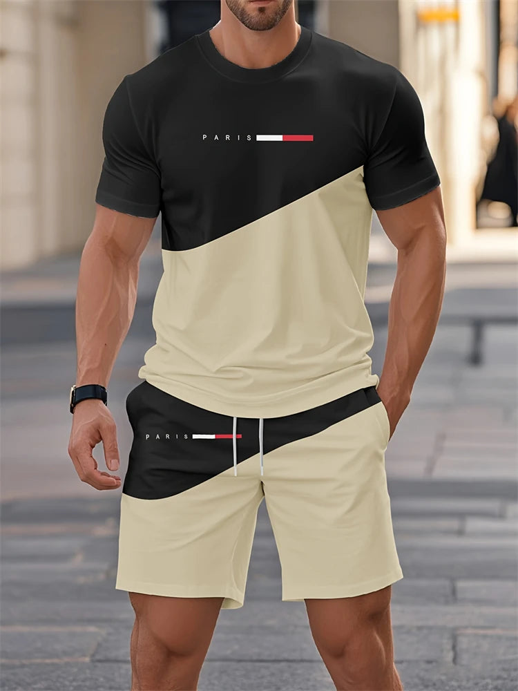 Summer Men's Stripe Letter Print Short Sleeve Top Shorts 2 Pieces Set Oversized Loose Round Neck T-shirt Man Drawstring Shorts