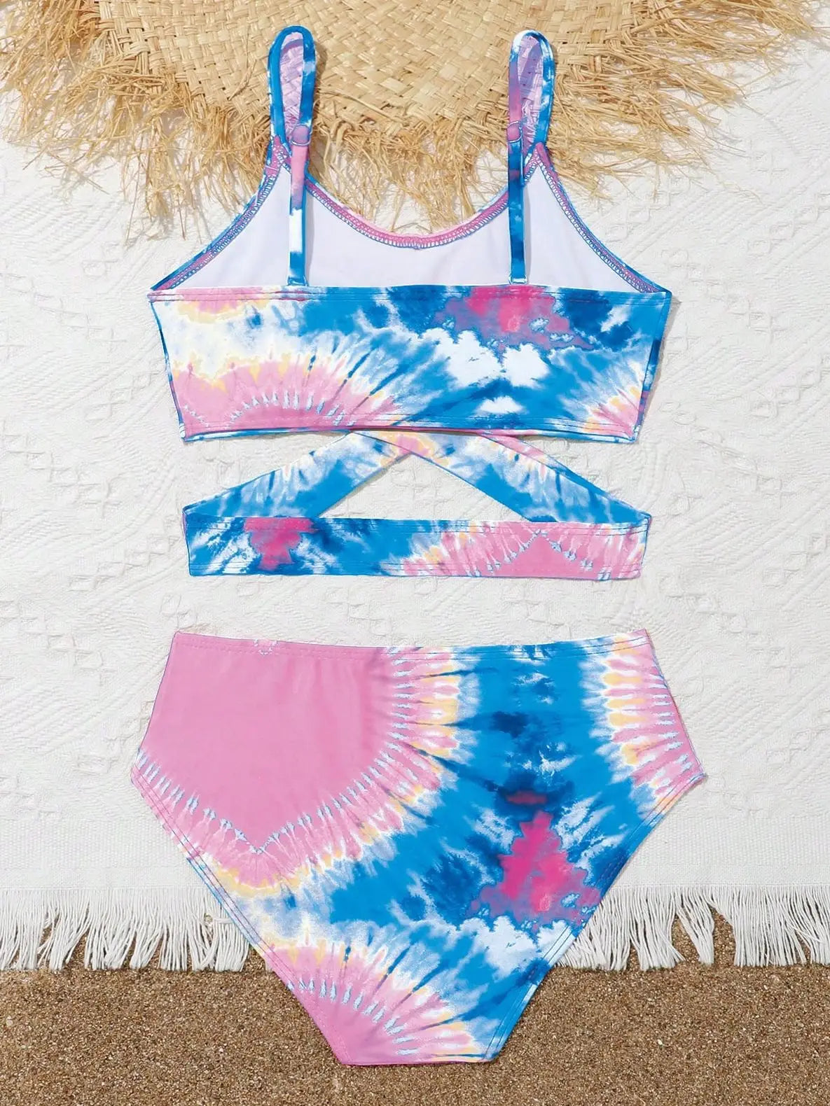 Girls Two Pieces Tie Dye Heart Print Bikini Kids Cross Wrap High Waist Swimsuit 7-12 Years Children's Bathing Suit Teens Pink
